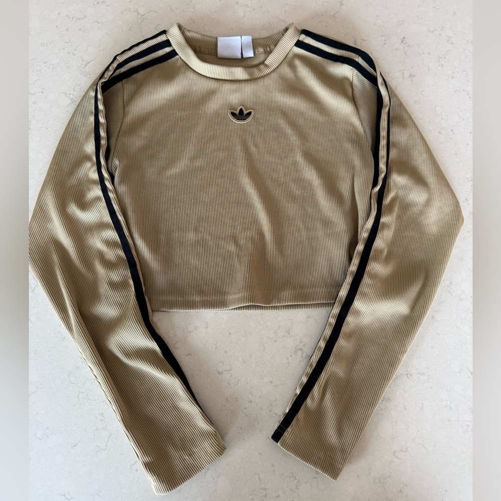 adidas Ribbed Crewneck Top in Beige with Black Logo Detail